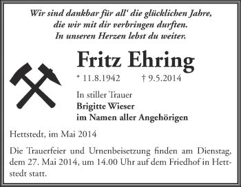 Traueranzeige von Fritz Ehring von Wochenspiegel Mansfelder Land