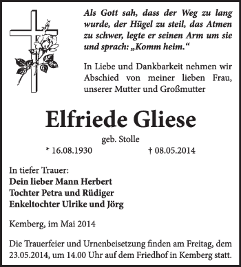 Traueranzeige von Elfriede Gliese von WVG - Wochenspiegel Wittenberg
