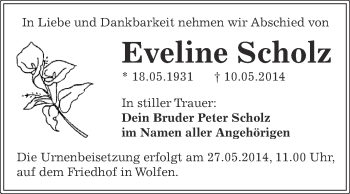 Traueranzeige von Eveline Scholz von WVG - Wochenspiegel Bitterfeld