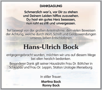 Traueranzeige von Hans-Ulrich Bock von Super Sonntag Merseburg