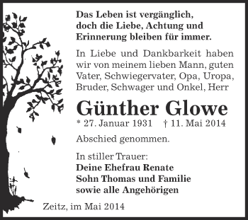 Traueranzeige von Günther Glowe von Super Sonntag Zeitz