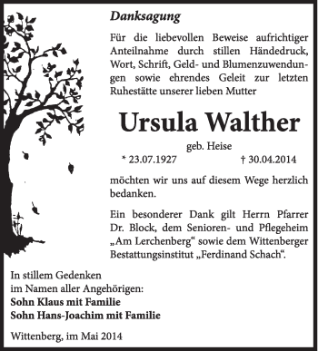Traueranzeige von Ursula Walther von WVG - Wochenspiegel Wittenberg