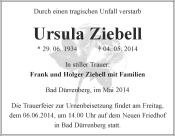Traueranzeige von Ursula Ziebell von Super Sonntag Merseburg