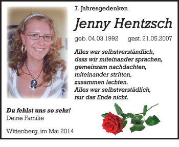 Traueranzeige von Jenny Hentzsch von Super Sonntag Wittenberg