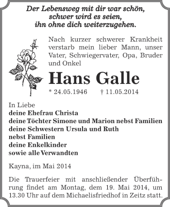 Traueranzeige von Hans Galle von Super Sonntag Zeitz