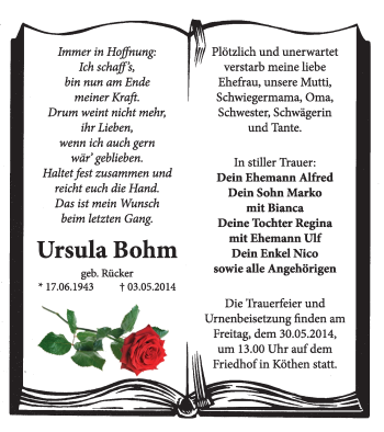 Traueranzeige von Ursula Bohm von Super Sonntag Dessau / Köthen