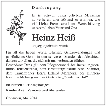 Traueranzeige von Heinz Heiß von WVG - Wochenspiegel Merseburg