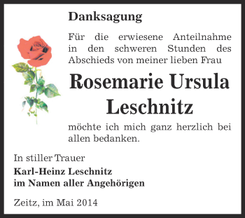 Traueranzeige von Rosemarie Ursula Leschnitz von Super Sonntag Zeitz