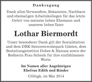 Traueranzeige von Lothar Biermordt von Super Sonntag Bernburg