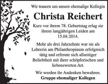 Traueranzeige von Christa Reichert von Super Sonntag Dessau / Köthen