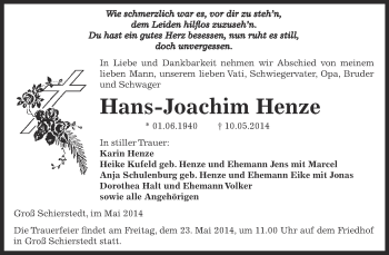 Traueranzeige von Hans-Joachim Henze von Super Sonntag Aschersleben