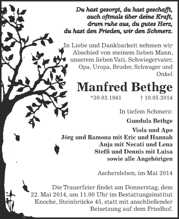 Traueranzeige von Manfred Bethge von Super Sonntag Aschersleben