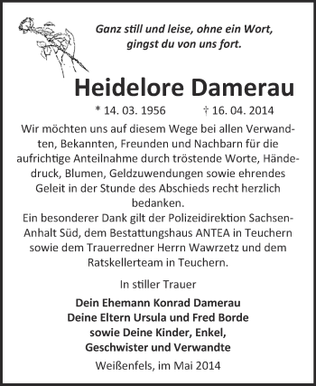Traueranzeige von Heidelore Damerau von WVG - Wochenspiegel NMB / WSF / ZTZ
