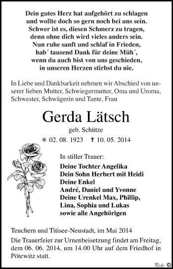 Traueranzeige von Gerda Lätsch von WVG - Wochenspiegel NMB / WSF / ZTZ