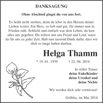 Traueranzeige von Helga Thamm von WVG - Wochenspiegel NMB / WSF / ZTZ