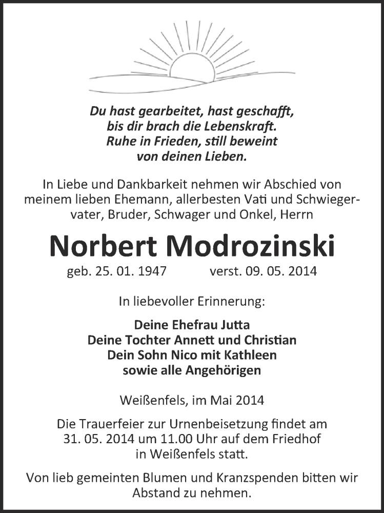  Traueranzeige für Norbert Modrozinski vom 21.05.2014 aus WVG - Wochenspiegel NMB / WSF / ZTZ