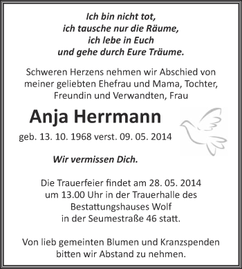 Traueranzeige von Anja Herrmann von WVG - Wochenspiegel NMB / WSF / ZTZ