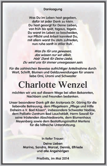 Traueranzeige von Charlotte Wenzel von WVG - Wochenspiegel NMB / WSF / ZTZ