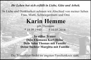 Traueranzeige von Karin Hemme von Super Sonntag Dessau / Köthen