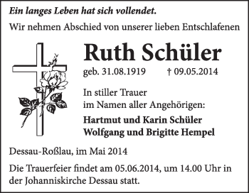 Traueranzeige von Ruth Schüler von Super Sonntag Dessau / Köthen