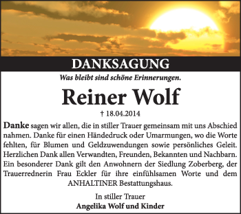 Traueranzeige von Reiner Wolf von Super Sonntag Dessau / Köthen