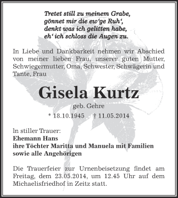 Traueranzeige von Gisela Kurtz von Super Sonntag Zeitz