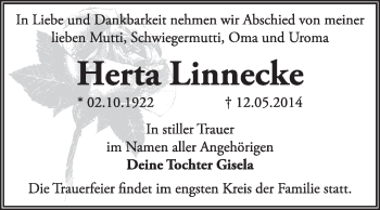 Traueranzeige von Herta Linnecke von Super Sonntag Dessau / Köthen