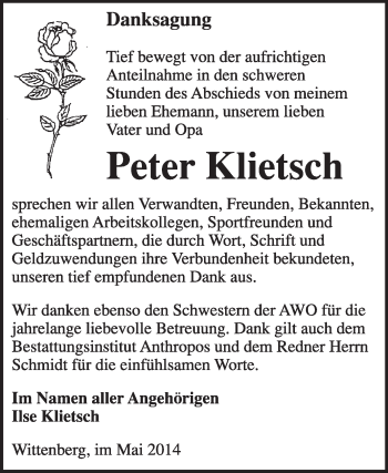 Traueranzeige von Peter Klietsch von Super Sonntag Wittenberg