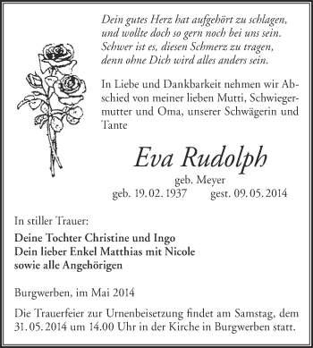 Traueranzeige von Eva Rudolph von WVG - Wochenspiegel NMB / WSF / ZTZ