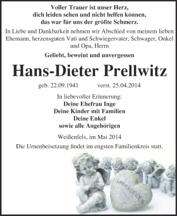 Traueranzeige von Hans-Dieter Prellwitz von WVG - Wochenspiegel NMB / WSF / ZTZ