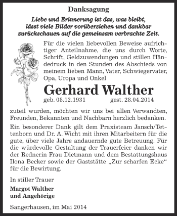 Traueranzeige von Gerhard Walther von Super Sonntag SGH Mansf. Land