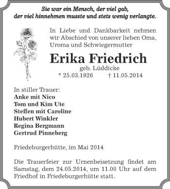 Traueranzeige von Erika Friedrich von Super Sonntag SGH Mansf. Land