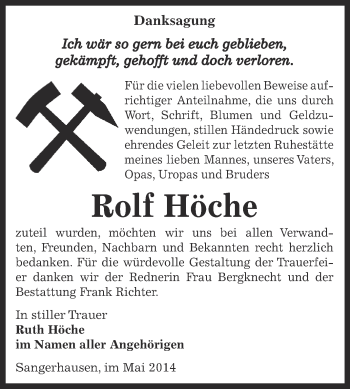 Traueranzeige von Rolf Höche von Super Sonntag SGH Mansf. Land