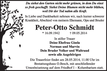 Traueranzeige von Peter-Otto Schmidt von Super Sonntag Dessau / Köthen
