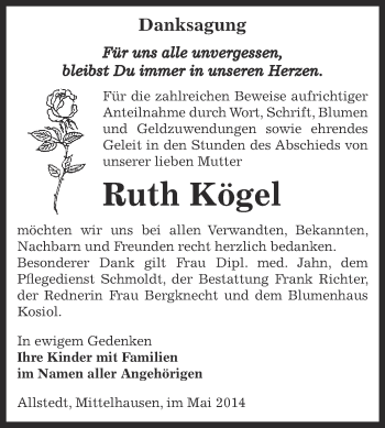 Traueranzeige von Ruth Kögel von Super Sonntag SGH Mansf. Land