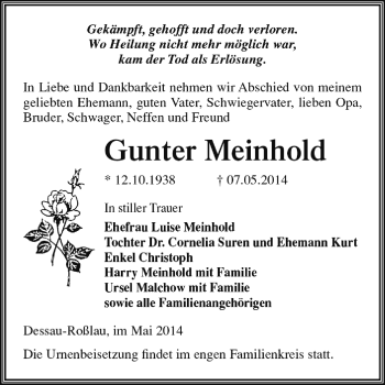 Traueranzeige von Gunter Meinhold von Super Sonntag Dessau / Köthen