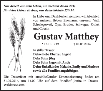Traueranzeige von Gustav Matthey von Super Sonntag Dessau / Köthen