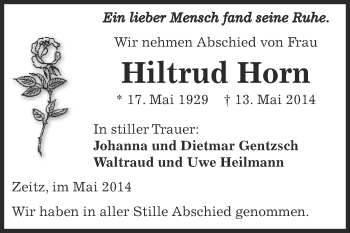 Traueranzeige von Hiltrud Horn von Super Sonntag Zeitz