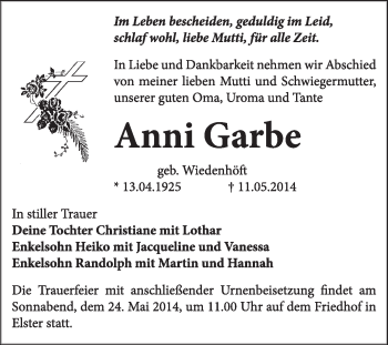 Traueranzeige von Anni Garbe von WVG - Wochenspiegel Wittenberg