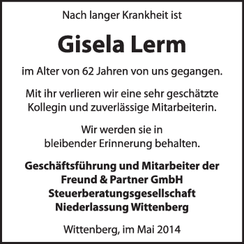 Traueranzeige von Gisela Lerm von Super Sonntag Wittenberg