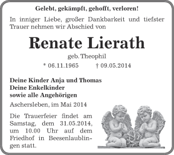 Traueranzeige von Renate Lierath von WVG - Wochenspiegel Aschersleben