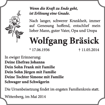 Traueranzeige von Wolfgang Bräsick von WVG - Wochenspiegel Wittenberg