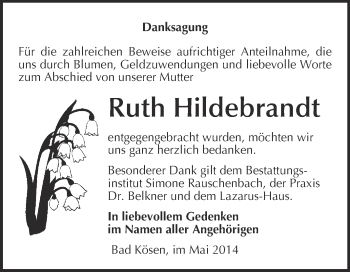 Traueranzeige von Ruth Hildebrandt von WVG - Wochenspiegel NMB / WSF / ZTZ