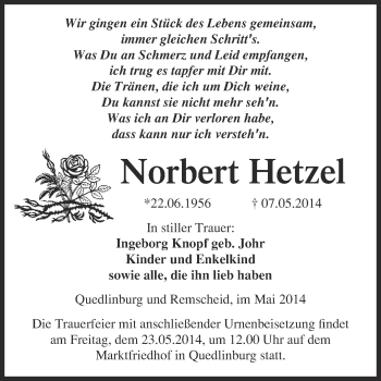 Traueranzeige von Norbert Hetze von WVG - Wochenspiegel Quedlinburg