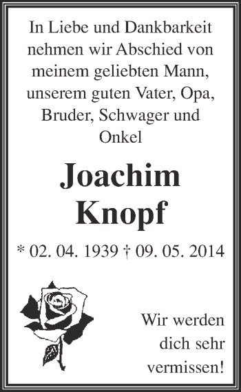 Traueranzeige von Joachim Knopf von WVG - Wochenspiegel Quedlinburg