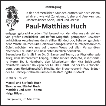 Traueranzeige von Paul-Matthias Huch von WVG - Wochenspiegel Quedlinburg