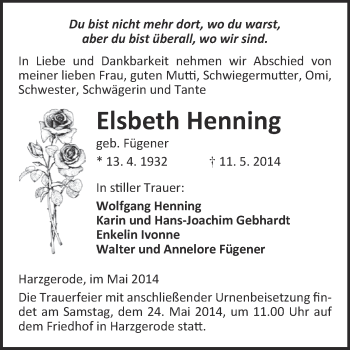 Traueranzeige von Elsbeth Henning von WVG - Wochenspiegel Quedlinburg
