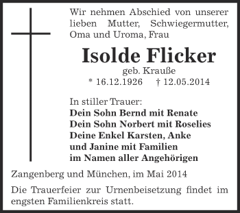 Traueranzeige von Isolde Flicker von Super Sonntag Zeitz