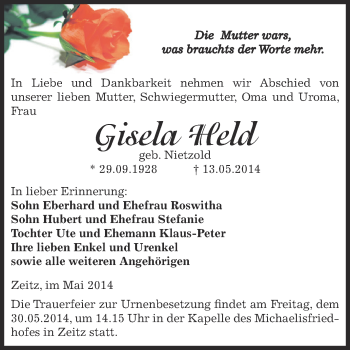 Traueranzeige von Gisela Held von Super Sonntag Zeitz