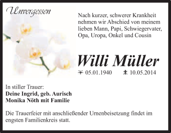 Traueranzeige von Willi Müller von Super Sonntag Quedlinburg